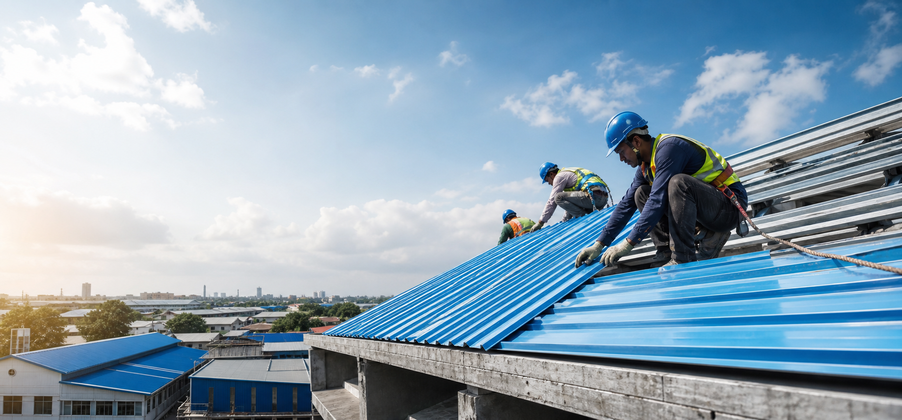 Roofing contractors installing blue sheets