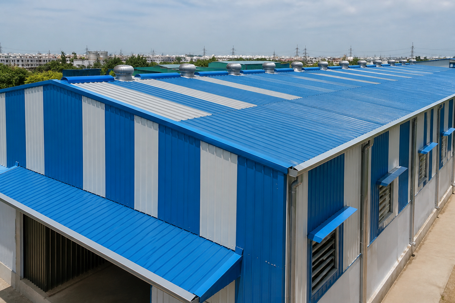 Industrial blue sheet roofing work